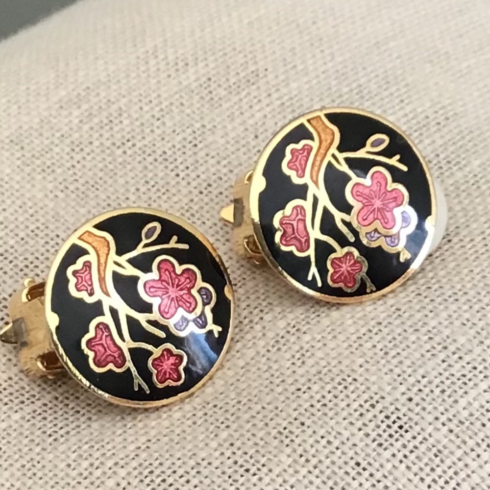Vintage Enamel Floral Cloisonné Clip-On Earrings